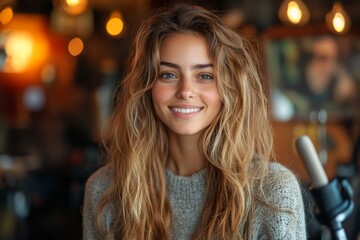 Obraz premium Young woman with long brown hair is smiling at the camera. She is wearing gray sweater and is holding microphone