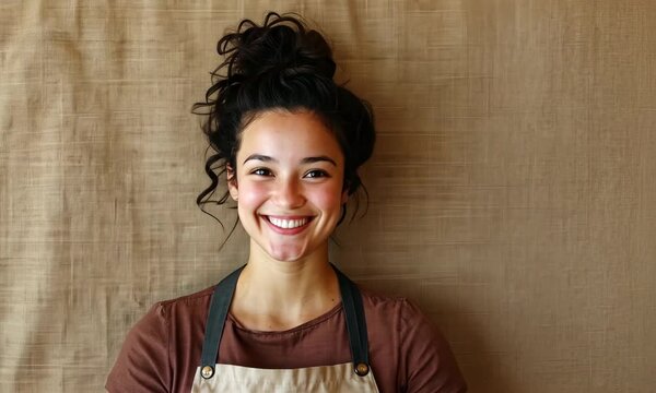 A cheerful young woman with curly hair, beaming a radiant smile against a simple, natural backdrop that enhances the essence of joy and confidence in her expression.