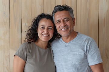 Fototapeta premium Portrait of a joyful latino couple in their 40s dressed in a casual t-shirt on light wood minimalistic setup