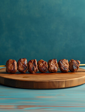 Delicious beef skewers, grilled, wood plate or tray. Isolated white background, Brazilian traditional "espetinhos de carne", bbq food	