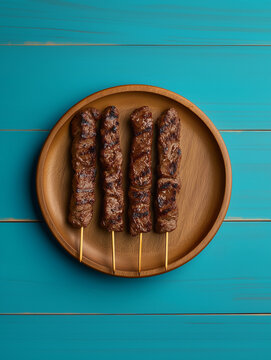 Delicious beef skewers, grilled, wood plate or tray. Isolated white background, Brazilian traditional "espetinhos de carne", bbq food	