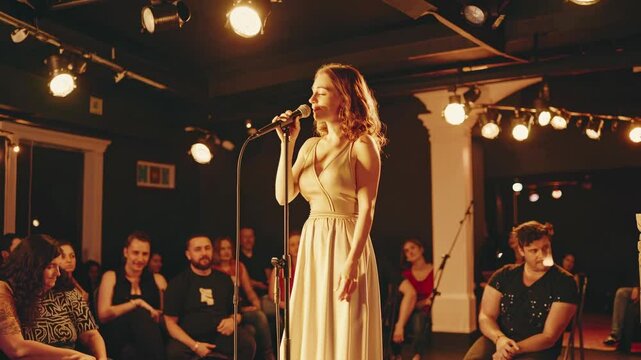 Live poetry performance captivates audience in an intimate setting at night