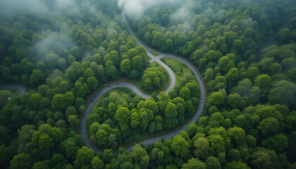Obraz premium Scenic Aerial View of a Serene Forest Highway with Lush Greenery 