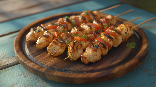 Delicious chicken skewers, grilled, wood plate or tray. Isolated white background, Brazilian traditional "espetinhos de frango", poultry, bbq food	