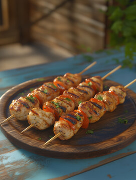 Delicious chicken skewers, grilled, wood plate or tray. Isolated white background, Brazilian traditional "espetinhos de frango", poultry, bbq food	