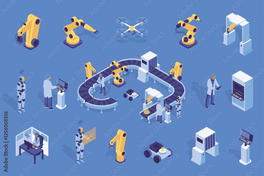 Aufkleber Automatic factory 3d isometric mega set in flat design. Collection isometry elements of robotic arms, robot assistance, conveyor belt, line assembling, production process, other. Vector illustration.
