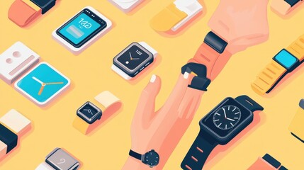 A hand wearing a smartwatch interacts with a futuristic holographic interface, displaying various digital elements and data. The scene suggests advanced technology and innovation.