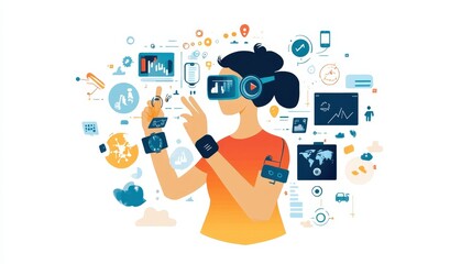 A hand wearing a smartwatch interacts with a futuristic holographic interface, displaying various digital elements and data. The scene suggests advanced technology and innovation.