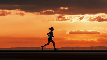 A woman enjoys running outdoors on a beautiful summer evening in the countryside. A woman runs on a horizontal path at sunset.