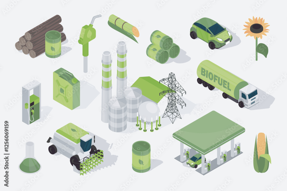 Poster biofuel 3d isometric mega set in flat design. collection isometry elements of renewable bio energy, 