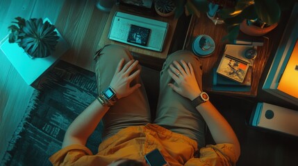 A hand wearing a smartwatch interacts with a futuristic holographic interface, displaying various digital elements and data. The scene suggests advanced technology and innovation.
