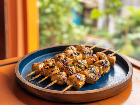 Delicious chicken skewers, grilled, wood plate or tray. Isolated white background, Brazilian traditional "espetinhos de frango", poultry, bbq food	