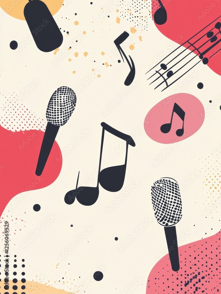 Aufkleber creative minimalist k pop inspired background featuring music notes and microphones in vibrant color