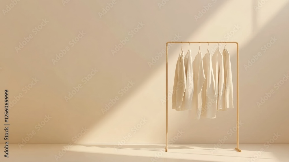 Poster Minimalist clothing rack displaying neatly arranged garments in a soft lit room. Generative AI