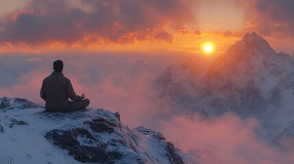 Obraz premium Serene Meditation at Sunrise on Snowy Mountain Peak with Majestic Landscape in Background