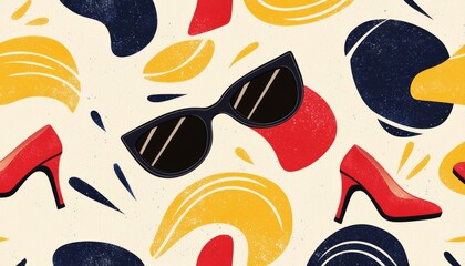 A retro-inspired pattern blending vibrant red lipstick, classic heels, and oversized sunglasses, set against a textured background of soft swirls and splashes.
