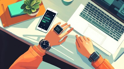 A hand wearing a smartwatch interacts with a futuristic holographic interface, displaying various digital elements and data. The scene suggests advanced technology and innovation.