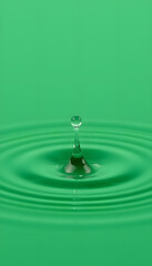 single water drop about to splash into a green pool of water below that already has ripples on its surface, simple style. with white shades
