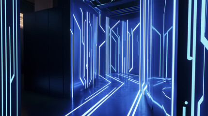 Obraz premium futuristic corridor illuminated by glowing blue neon lights creates digital ambiance. sleek design and vibrant lines evoke sense of advanced technology and modern architecture