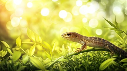 Fototapeta premium Lizard basking sunlight, green foliage, bokeh background, nature poster