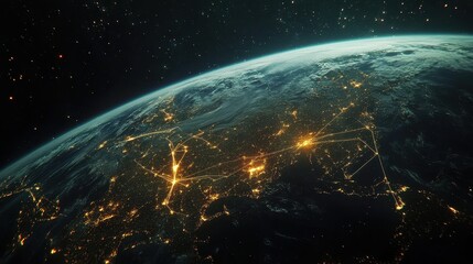 Obraz premium A satellite view of Earth at night, with illuminated cities connected by glowing lines representing data flow.