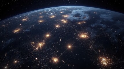 Fototapeta premium A satellite view of Earth at night, with illuminated cities connected by glowing lines representing data flow.