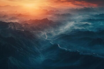 Fototapeta premium a majestic aerial view of the great wall snaking through misty mountains at sunrise, enhanced with ethereal digital art elements, dramatic lighting, and surreal colors