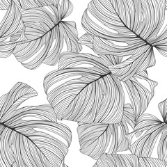 Seamless floral background with monstera leaves. Romantic pattern template for wall decor.
