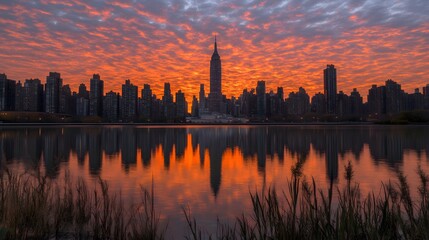 Obraz premium City skyline with tall buildings reflecting in a lake during sunset with colorful sky and clouds