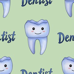 Seamless Pattern Blue Kawaii Tooth and Text Dentist Big Design on Pastel Green Background