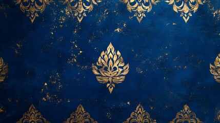 Elegant blue patterned wallpaper, intricate gold designs, luxurious ambiance, perfect for interior decor inspiration.