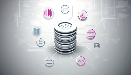 Abstract vector data icon showing database and graphs, on grey background