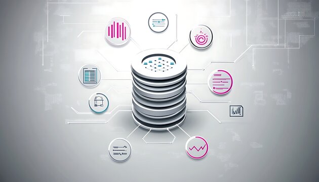 Abstract vector data icon showing database and graphs, on grey background