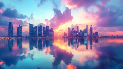 Fototapeta premium City skyline silhouette against vibrant sunset colors with reflections on water in urban landscape