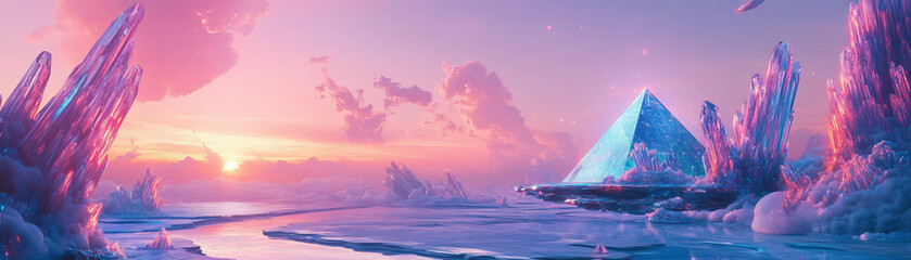 Blue and pink sunset over a landscape with crystal pyramids and floating platforms