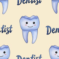 Seamless Pattern Blue Kawaii Tooth and Text Dentist Big Design on Pastel Yellow Background