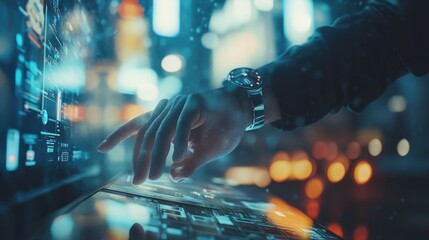 A hand wearing a smartwatch interacts with a futuristic holographic interface, displaying various digital elements and data. The scene suggests advanced technology and innovation.