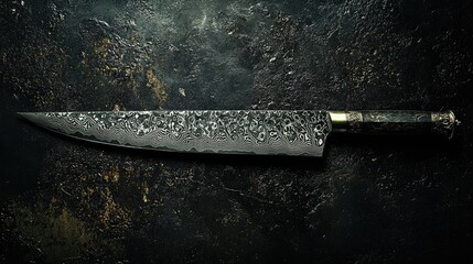 Elegant damascus steel knife resting on a dark textured surface with intricate patterns highlighting its craftsmanship © pvl0707