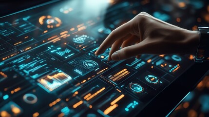 A hand wearing a smartwatch interacts with a futuristic holographic interface, displaying various digital elements and data. The scene suggests advanced technology and innovation.