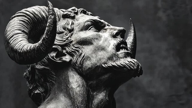 Pan's Gaze: A dramatic black and white close-up of a sculpted figure, possibly Pan, with prominent horns and a goatee, his gaze directed upwards, evoking a sense of mythology and the supernatural. 