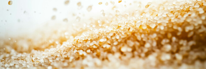 Close-up of rice grains in motion with blurred action and floating dust particles