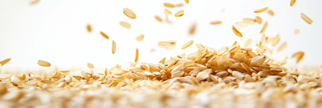 Close-up of rice grains being threshed with motion blur against a bright background