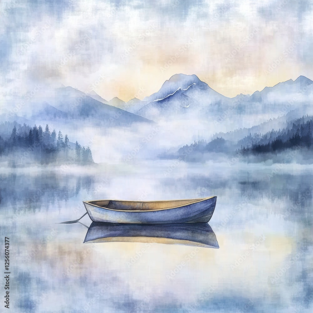 Poster Rowboat floats peacefully on a calm mountain lake under a tranquil sky. Generative AI