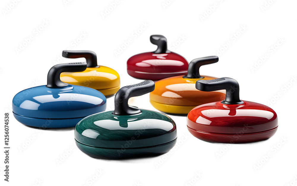 Poster a set of curling stones with handles in different colors, isolated on a empty plain background