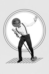 Vertical collage picture of singer performer guy disco ball instead head vintage microphone...