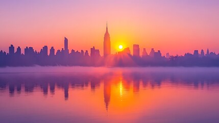 Stunning sunset view of manhattan skyline over new york city with vibrant colors and silhouetted buildings