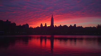 Obraz premium Stunning sunset view of manhattan skyline with red sky over new york city at dusk