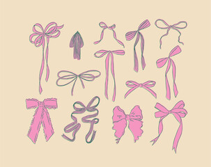 Ribbon bows hand drawn sketch drawing with blue and fill of pink on beige background