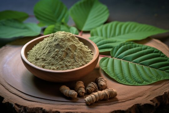 Mitragyna Speciosa or Kratom Leaves on Natural Green Background. Isolated tree branches with black ceramic pots of Kratom powder