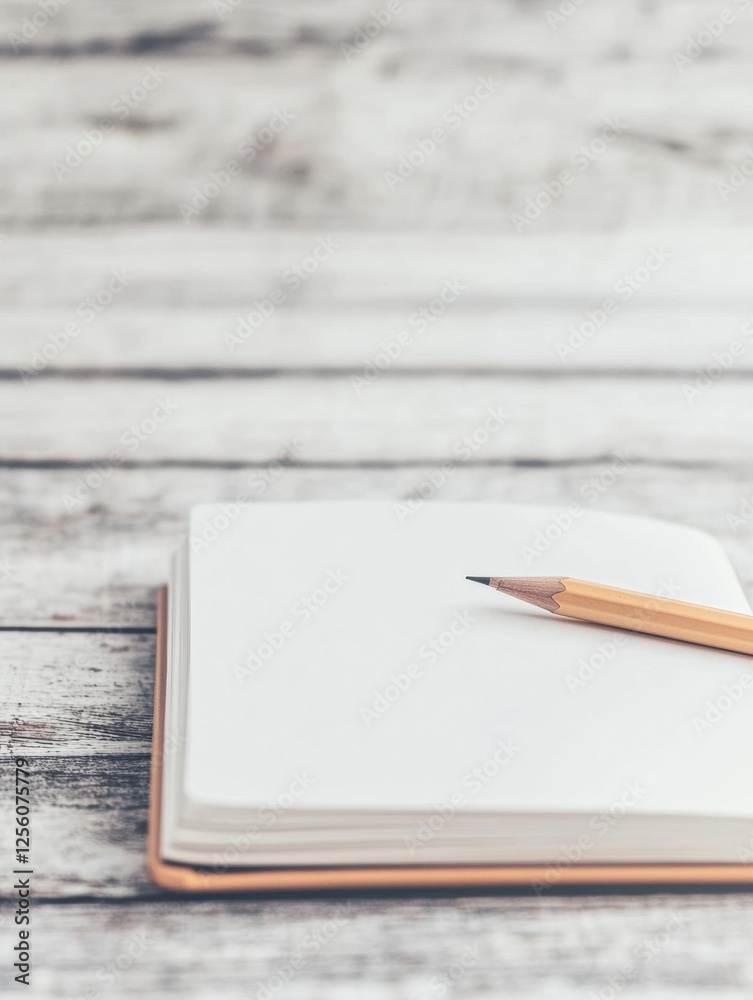 Aufkleber open notebook with pencil on bright wooden desk perfect for brainstorming ideas and writing in a cre